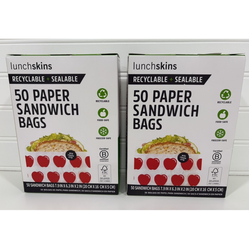 100ct Lunchskin Recyclable + Sealable Paper Sandwich Bags Apple Print